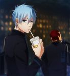  bag blue_eyes blue_hair drinking kagami_taiga kuroko_no_basuke kuroko_tetsuya male_focus multiple_boys nakamura_hiro_(nobody10ch) night red_hair school_uniform 