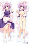  bare_legs blue_eyes blush bottomless breasts dakemakura-koubou dakimakura hat large_breasts lavender_hair letty_whiterock light_smile multiple_views nipples no_bra open_clothes scarf short_hair snowflakes socks touhou vivi_(dakemakura) white_legwear 