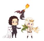  1girl a_song_of_ice_and_fire artist_request black_eyes black_hair breasts chibi cleavage crown daenerys_targaryen dragon drogon ghost_(a_song_of_ice_and_fire) highres jewelry jon_snow long_hair necklace purple_eyes red_eyes rhaegal small_breasts viserion white_hair wolf 
