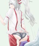  ass assisted_exposure bad_id bad_pixiv_id black_panties bow from_behind fujiwara_no_mokou hair_bow hat kamishirasawa_keine long_hair multiple_girls panties pants_pull ponytail pulled_by_another red_eyes silver_hair simple_background somsom suspenders touhou trefoil underwear 