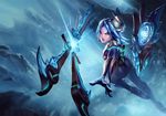  blue_hair bodysuit brown_eyes foreshortening frostblade_irelia hair_ornament ice irelia league_of_legends lips official_art short_hair solo sword weapon 