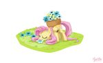  basket cutie_mark equine eyes_closed female feral flower fluttershy_(mlp) friendship_is_magic grass horse mammal my_little_pony mysticalpha plain_background pony white_background wings 