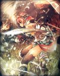 armor asahiro black_eyes black_legwear fire original pointy_ears profile short_hair solo sword thighhighs weapon 