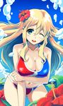  bad_id bad_pixiv_id bikini blonde_hair blue_eyes breasts flower hibiscus highres large_breasts long_hair one_eye_closed original smile_ex solo swimsuit 