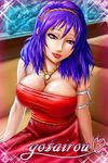  7/11_(fukuso) alternate_costume blue_hair breasts cleavage dress highres jewelry large_breasts necklace purple_eyes solo touhou yasaka_kanako 