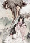  1girl absurdres bad_id bad_pixiv_id black_eyes black_hair chinese_clothes flower hanfu highres long_hair lotus mamusya mountain muted_color original painting_(object) ponytail scroll 