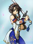  bare_shoulders brown_eyes brown_hair capri_pants chai_xianghua chinese_clothes detached_sleeves earrings fighting_stance headdress jewelry nigtouab pants sidelocks solo soulcalibur soulcalibur_ii sword tassel weapon 