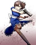  alice_(megami_tensei) alice_(megami_tensei)_(cosplay) brown_eyes brown_hair cosplay dress dual_wielding female_protagonist_(persona_3) gun hair_ornament hairband hairclip handgun holding persona persona_3 persona_3_portable pistol solo tokiwa_(mukoku) weapon white_legwear 