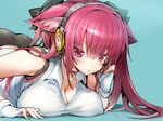  animal_ears beatmania beatmania_iidx blush breast_rest breasts cleavage covered_nipples fingerless_gloves frown gloves hair_ribbon headphones large_breasts long_hair mizushiro_celica mutsutake pink_hair ribbon sleeveless solo 