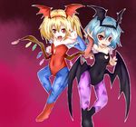  animal_print bat_print bat_wings blonde_hair blue_hair bodysuit boots bridal_gauntlets cleavage_cutout cosplay fang flandre_scarlet flat_chest head_wings heart heart_cutout leotard lilith_aensland lilith_aensland_(cosplay) morrigan_aensland morrigan_aensland_(cosplay) multiple_girls navel open_mouth pantyhose print_legwear red_eyes red_leotard remilia_scarlet ribasuto siblings side_ponytail sisters smile touhou vampire_(game) wings 