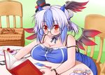  alternate_costume asamura_hiori bare_shoulders basket bespectacled blue_hair blush bookmark bracelet breast_rest breasts cake cappuccino_(drink) chair cleavage contemporary cup digital_media_player flower food glasses head_wings headphones jewelry large_breasts latte_art looking_at_viewer multicolored_hair oversized_object reading red_eyes rose single_head_wing sitting solo strap_slip table tokiko_(touhou) touhou two-tone_hair wings 