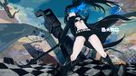  bikini_top black_hair black_rock_shooter black_rock_shooter_(character) blue_eyes boots burning_eye chain glowing highres kosa_k long_hair midriff navel scar short_hair shorts solo sword twintails weapon 