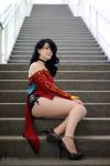  1girl ass black_hair breasts cinder_fall cosplay dress heels high_heels photo red_dress rwby small_breasts smile source_request thick_thighs thighs 