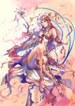  bare_shoulders blue_eyes breasts crossed_legs detached_sleeves fantasy flower hair_flower hair_ornament legs lily_(flower) lips long_hair medium_breasts midriff original pink_hair red_hair sitting solo thighs wanhsienwei watermark web_address 