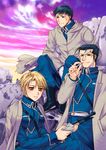  2boys amestris_military_uniform asano_akira black_hair cigarette coat dirty_face fullmetal_alchemist green_eyes gun jacket_on_shoulders maes_hughes military military_uniform multiple_boys riza_hawkeye roy_mustang rubble short_hair sky smile uniform weapon 