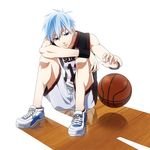  basketball blue_eyes blue_hair clothes_writing kuroko_no_basuke kuroko_tetsuya male_focus nakamura_hiro_(nobody10ch) shoes shorts sitting sneakers solo sportswear wristband 