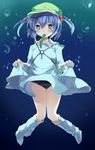  black_swimsuit blue_eyes blue_hair blush boots bow bubble cucumber dress dress_lift full_body hair_bow hat highres kawashiro_nitori key mouth_hold myuutsuu school_swimsuit short_hair short_twintails sketch solo swimsuit swimsuit_under_clothes tears touhou twintails two_side_up underwater 