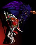  armor banner brown_eyes full_armor gauntlets glowing glowing_eyes greaves hair_over_one_eye highres hildegard_von_krone lance long_hair nightmare_(soulcalibur) nigtouab polearm red_eyes red_hair sheath sheathed soul_edge_(weapon) soulcalibur soulcalibur_iv sword weapon 