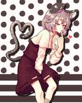  animal_ears between_legs capelet finger_in_mouth gem hand_between_legs heart heart_tail jewelry leaning_forward mouse_ears mouse_tail nazrin necklace one_eye_closed pendant red_eyes shirt silver_hair skirt skirt_set solo tail touhou yunuki_uta 