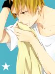  blonde_hair blue_background kise_ryouta kuroko_no_basuke male_focus naro_(nord) open_mouth shirt sportswear star sweat t-shirt towel wristband yellow_eyes 