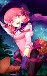  artist_request bangs blunt_bangs broom capelet crescent_conundrum frills gloves hat open_mouth pantyhose pink_eyes pink_hair ribbon solo striped striped_legwear sword_girls tree witch witch_hat 