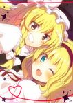  ;d alice_margatroid blonde_hair dutch_angle face graphite_(medium) grin heart heart_of_string highres k.ei kirisame_marisa mixed_media multiple_girls one_eye_closed open_mouth smile touhou traditional_media 