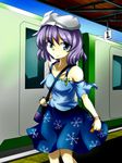  alternate_costume bag bare_shoulders blue_eyes blush breasts collarbone contemporary ground_vehicle hat highres lavender_hair letty_whiterock medium_breasts short_hair skirt smile solo ticket touhou train 