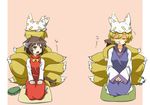  back-to-back chen ear_wiggle hat hat_removed headwear_removed hihachi multiple_girls open_mouth simple_background sitting sleeping touhou yakumo_ran 