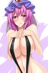  :3 alternate_costume bare_shoulders blush breasts cleavage curvy groin hands_on_own_chest hat highres large_breasts looking_at_viewer navel pink_eyes pink_hair saigyouji_yuyuko short_hair shuugetsu_karasu slingshot_swimsuit smile solo swimsuit touhou upper_body 