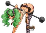  ass bad_id bad_pixiv_id bent_over blue_eyes bow bracelet copyright_request earrings green_hair hair_bow heart jewelry lips necklace okada_(hoooojicha) panties pirate smile solo striped striped_legwear tattoo thighhighs thong transparent_background twintails underwear 