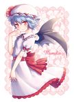  bad_id bad_pixiv_id bat_wings blue_hair blush bow dress floral_background hat looking_at_viewer megumu red_eyes remilia_scarlet short_hair smile solo touhou wings 