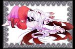  bad_id bad_pixiv_id barefoot bow brown_hair frame from_behind fujiwara_no_mokou hair_bow hair_over_eyes highres houraisan_kaguya kiss lilyxx long_hair lying multiple_girls pants touhou white_hair wrist_grab yuri 