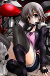  accel_world ash_roller bad_id bad_pixiv_id black_legwear blush boots fingerless_gloves gloves grey_hair ground_vehicle highres kusakabe_rin looking_at_viewer motor_vehicle motorcycle purple_eyes sakurajousui_neko shorts shoulder_spikes sitting solo spikes thighhighs 