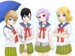  aqua_eyes bad_id bad_pixiv_id black_hair blonde_hair blue_eyes brown_hair chama fnc_(upotte!!) hair_ornament l85a1_(upotte!!) m16a4_(upotte!!) multiple_girls red_eyes school_uniform serafuku sg550_(upotte!!) short_hair silver_hair umbrella upotte!! 