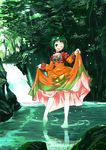  ayase_makoto bad_id bad_pixiv_id brown_eyes choker cropped_jacket dress farah_oersted forest green_hair nature one_eye_closed orange_dress red_choker short_hair skirt_hold smile solo tales_of_(series) tales_of_eternia tree water 