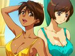  bare_shoulders breasts brown_eyes brown_hair cleavage covered_nipples dark_skin earrings hairu jewelry large_breasts multiple_girls no_bra short_hair smile super_real_mahjong toono_mizuki toyohara_etsuko 