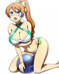  annoyed aquarion_(series) aquarion_evol ball bare_shoulders beachball bikini blue_eyes blush breast_hold breasts brown_hair cleavage criss-cross_halter curvy glasses hairu halter_top halterneck kneeling large_breasts long_hair long_legs mix_(aquarion) navel ponytail shiny shiny_skin solo swimsuit 