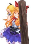  bow chain gurumo_(123) hair_bow helmet highres horns ibuki_suika long_hair orange_eyes orange_hair simple_background solo touhou white_background wrist_cuffs 