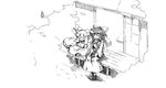  =_= bow collaboration detached_sleeves fuukadia_(narcolepsy) gourd greyscale hair_bow hair_tubes hakurei_reimu horns ibuki_suika long_hair monochrome multiple_girls oekaki open_mouth scarf short_hair sitting sora_no_amagumo touhou 