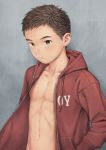  1boy abs b_gent blush brown_eyes brown_hair expressionless hood hoodie looking_at_viewer male_focus muscle naked_hoodie navel original toned 