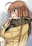  ahoge bag blush breasts breath brown_eyes brown_hair enpera huge_breasts komusou_(jinrikisha) necktie ooba_minori open_mouth original plaid plaid_scarf scarf school_bag school_uniform snowflakes snowing solo teeth tongue 