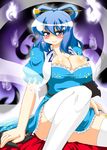  1girl akasode_(tyaramu) blue_eyes blue_hair breasts chyaramu cleavage female garter_belt garter_straps ghost ghosts hair_ornament highres huge_breasts kaku_seiga sitting skirt smile solo thighhighs thighs touhou white_legwear white_thighhighs 