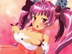 3d animated animated_gif big_breasts blush bouncing_breasts breasts cleavage di_gi_charat dice erect_nipples large_breasts myuranran nipples open_mouth perky_breasts purple_hair rabi_en_rose red_eyes seismic solo twintails undressing usada_hikaru 