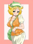  1girl bag bel_(pokemon) beret blonde_hair blush breasts cleavage dress erect_nipples green_eyes hat hips large_breasts open_mouth pokemon solo sweat turizao vest wide_hips wristband 