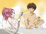  1boy 1girl bath brother_and_sister brown_hair bubble bubble_bath code_geass coed_bathing couple euphemia_li_britannia green_eyes kurimomo kururugi_suzaku mixed_bathing nude pink_hair purple_eyes shower siblings soap sponge water wet wink 