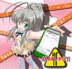  ahoge apron armpit_peek armpits asumi_kana clipboard cosplay crowbar foreshortening green_eyes haiyore!_nyaruko-san highres huge_ahoge long_hair nyarlathotep_(nyaruko-san) parody partially_translated ponytail receipt rokushaku_neko seiyuu_connection silver_hair taiyou_iwaku_moe_yo_chaos taneshima_popura taneshima_popura_(cosplay) thighhighs translation_request waitress working!! 