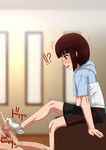  1boy 1girl black_eyes brown_hair censored cum feet female footjob highres male malesub penis short_hair socks trembling 