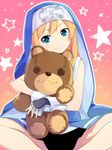  1boy aqua_eyes arc_system_works bike_shorts blonde_hair bridget bridget_(guilty_gear) guilty_gear habit lowres nun roger sama shorts smile stuffed_animal stuffed_toy trap 