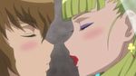  animated animated_gif blush brown_hair eyes_closed green_hair jenny_dolittle kiss lipstick lowres lynn_lambretta makeup miniskirt_pirates yuri 