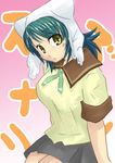  1girl blue_hair blush breasts green_eyes hat lowres pink_background school_uniform skirt suzunari takamura_suzu 